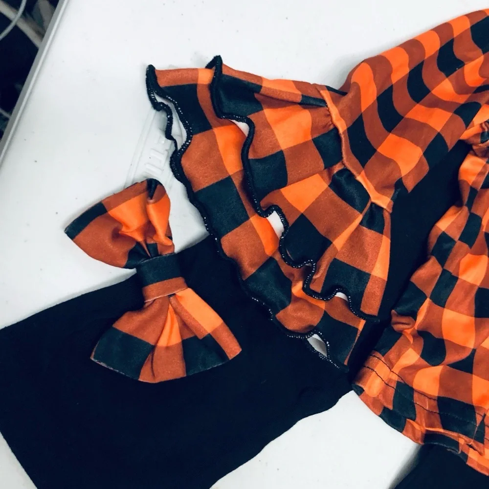 Girls Boutique Halloween Pumpkin Plaid Holiday Set - Orange & Black